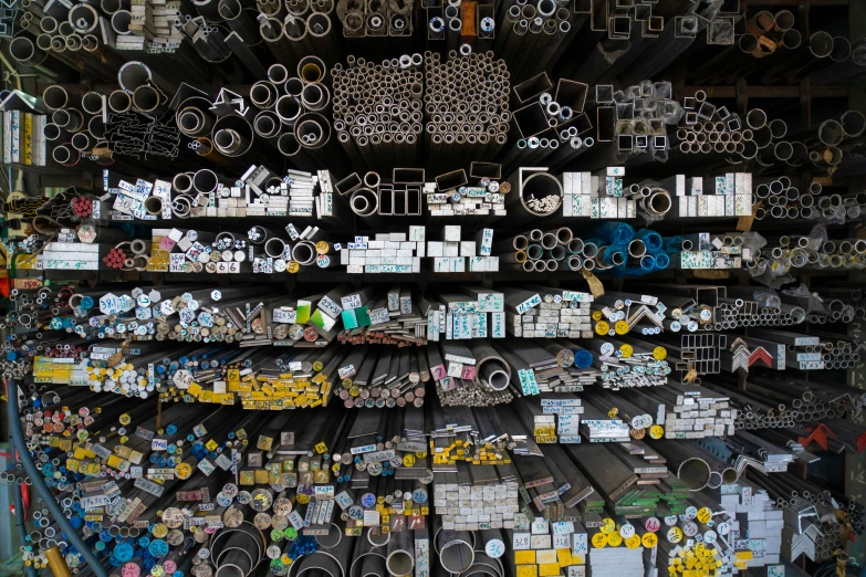 several rows of items displayed on shelves in a building