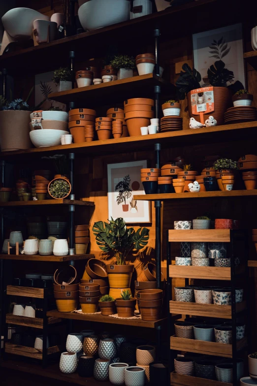 a room with many pots and baskets on the wall