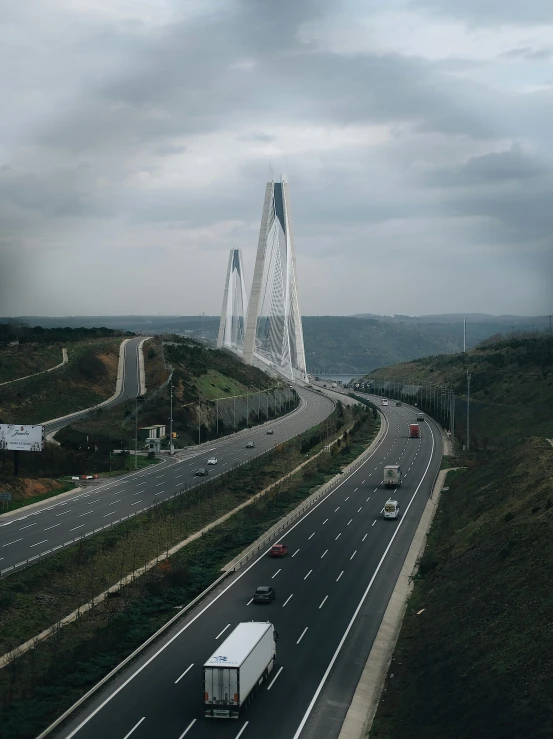 an aerial s of a highway with large structures