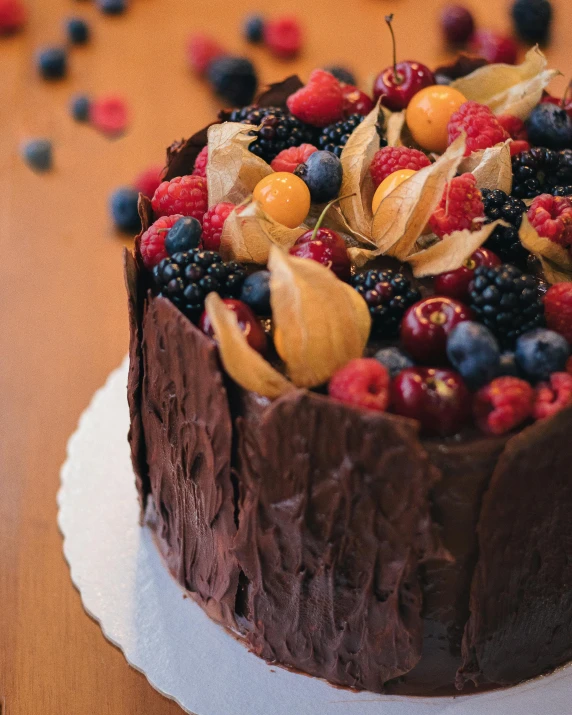 a chocolate cake covered in fresh berries on a plate