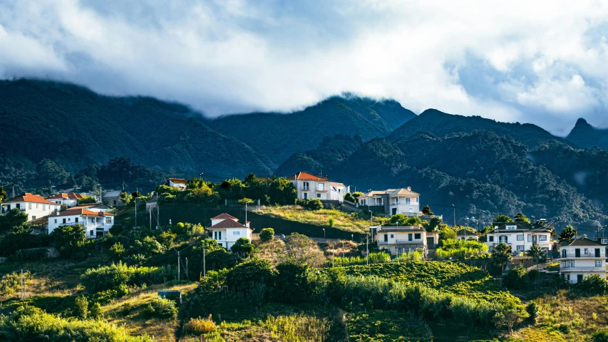 this is a scenic view of a village in a mountainous region