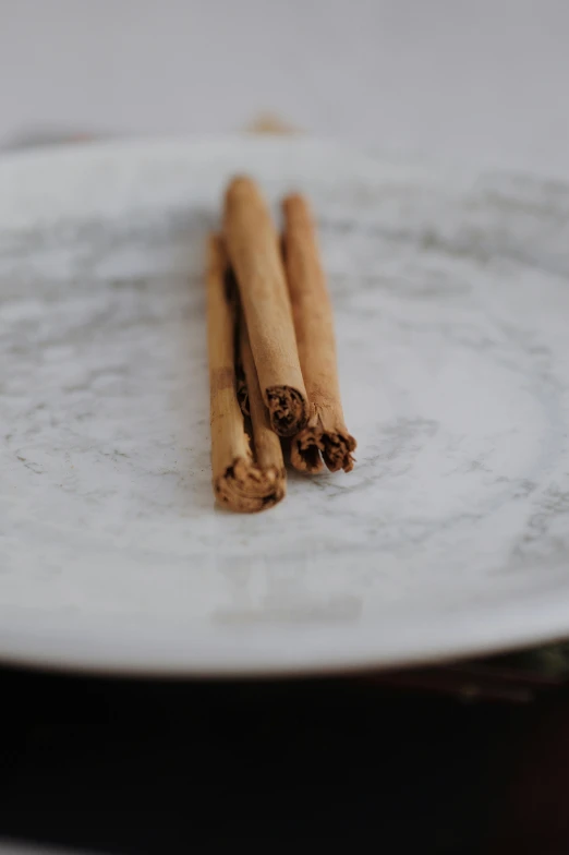 cinnamon sticks that are placed on top of a white plate