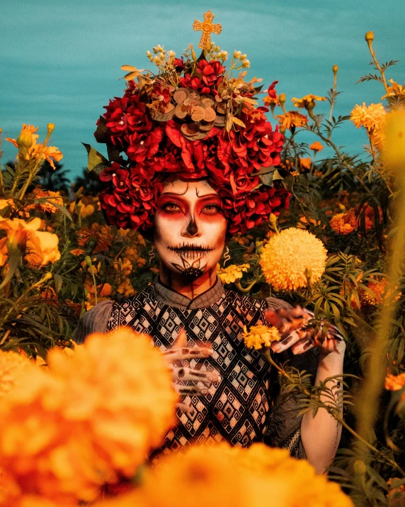 a woman with white face paint and red flowers on her head