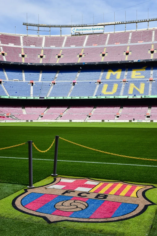 the interior of a stadium with grass and purple and yellow colors