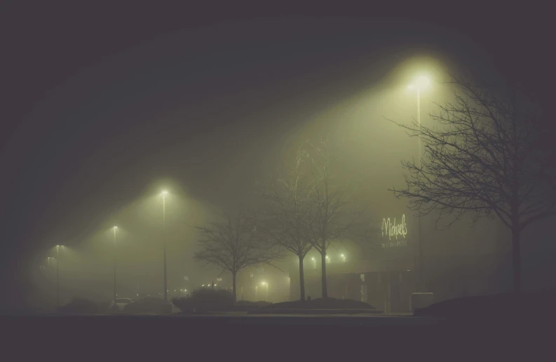 a dark street with street lights in the fog
