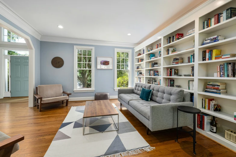 there is a gray couch sitting in the living room