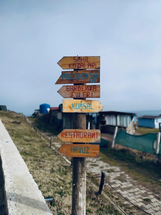 an old wooden pole with many signs on it