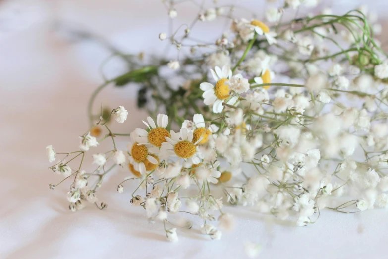 a bouquet of white and yellow flowers sitting on top of a white table