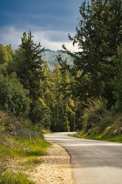 an empty road in the mountainside on a partly cloudy day