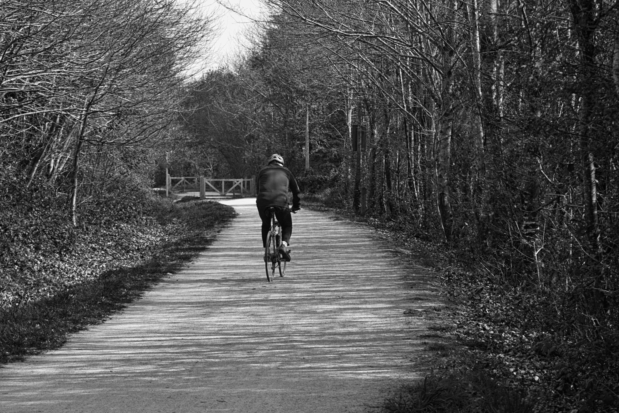 a man on a bike riding down a path