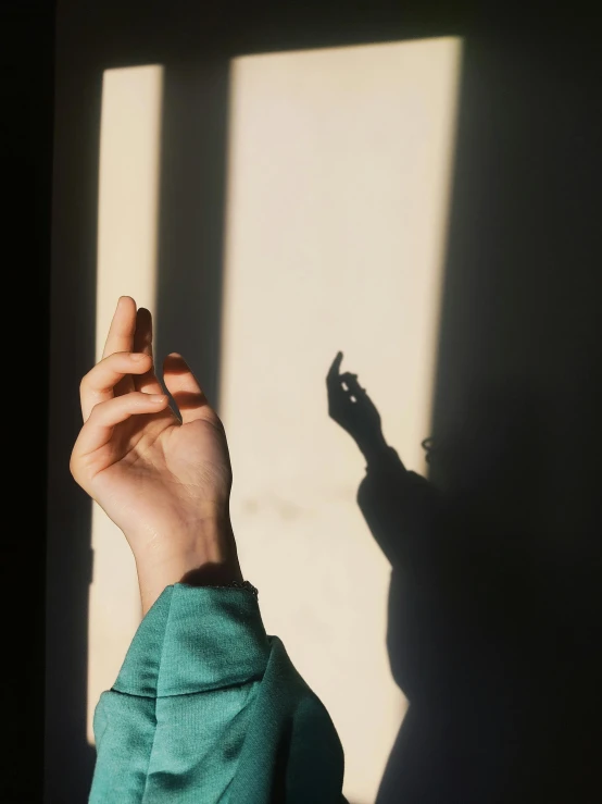 a person holding up their hand with the shadow from a wall behind them