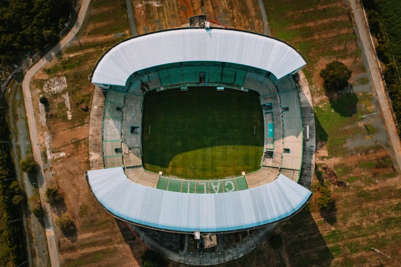 an aerial s of an aerial view of an empty soccer field