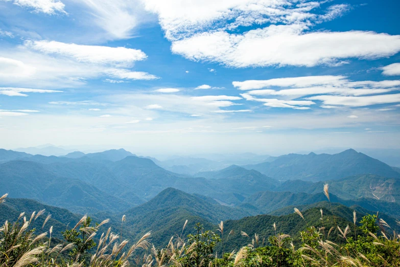 large mountains with vegetation in foreground and blue sky above