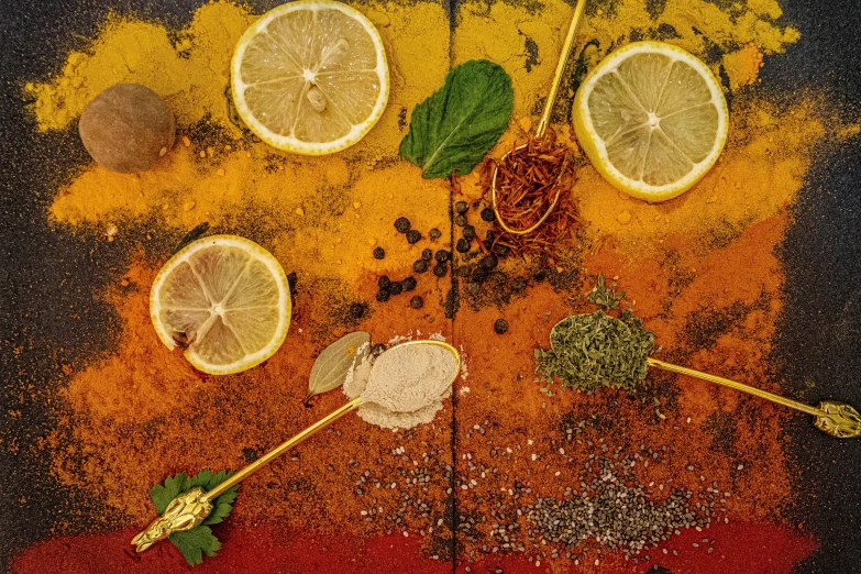 three oranges with leaves next to a knife and an eye on the ground