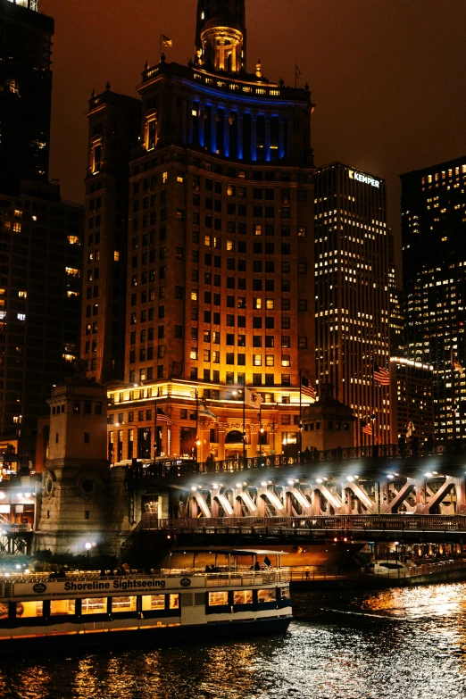 this is a city skyline with buildings and a boat