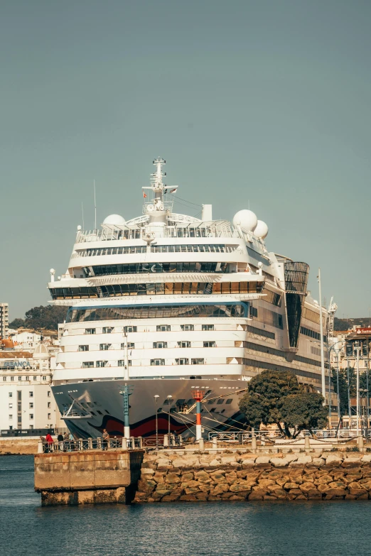 cruise ship sitting in port and docking with boats nearby