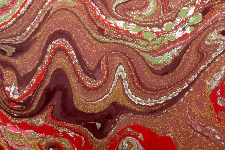 a painting with gold and red paint streaks