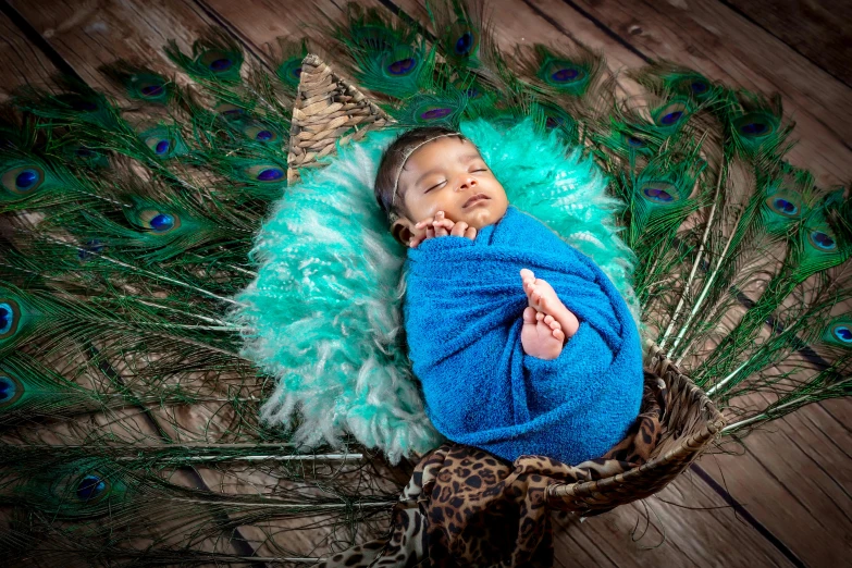 baby boy in blue sleeping with peacock feathers