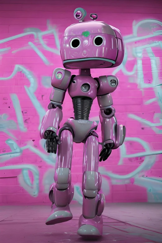 a pink robot standing in a graffiti covered room