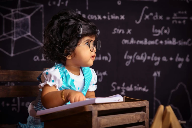 an adorable little girl wearing glasses and sitting in front of a blackboard