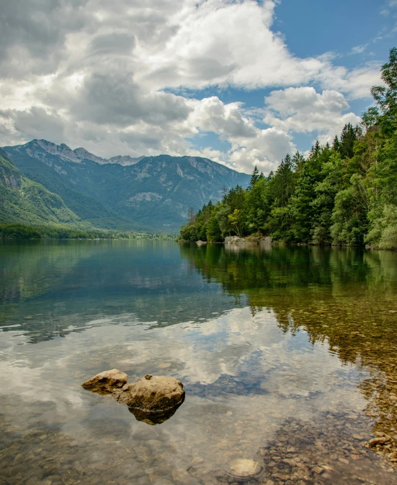 large expanse of calm waters in front of mountains