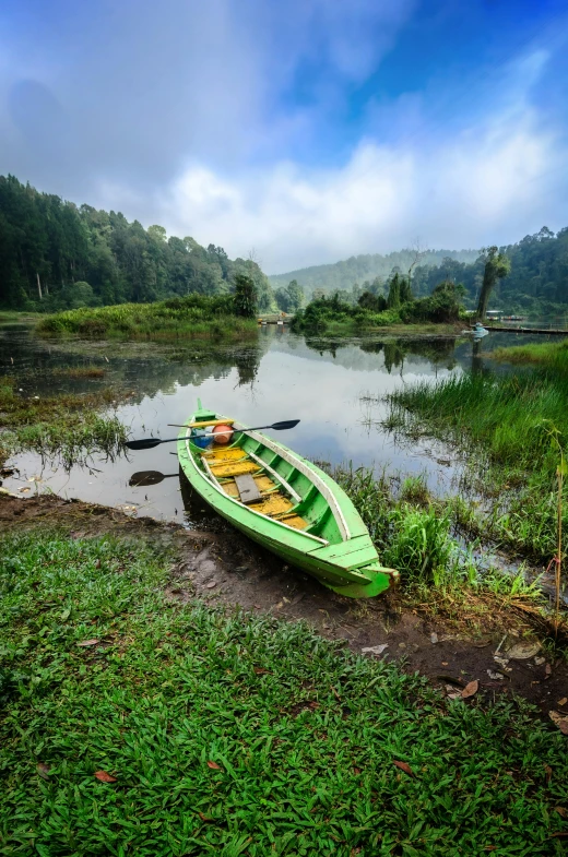 green canoe sitting on the bank of a lake