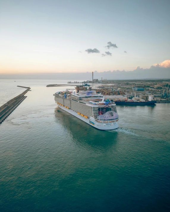 an aerial view of a large ship in the water