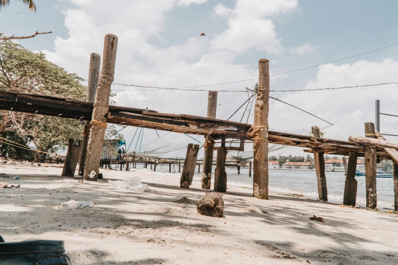 an overpass and water with rope lines and trees