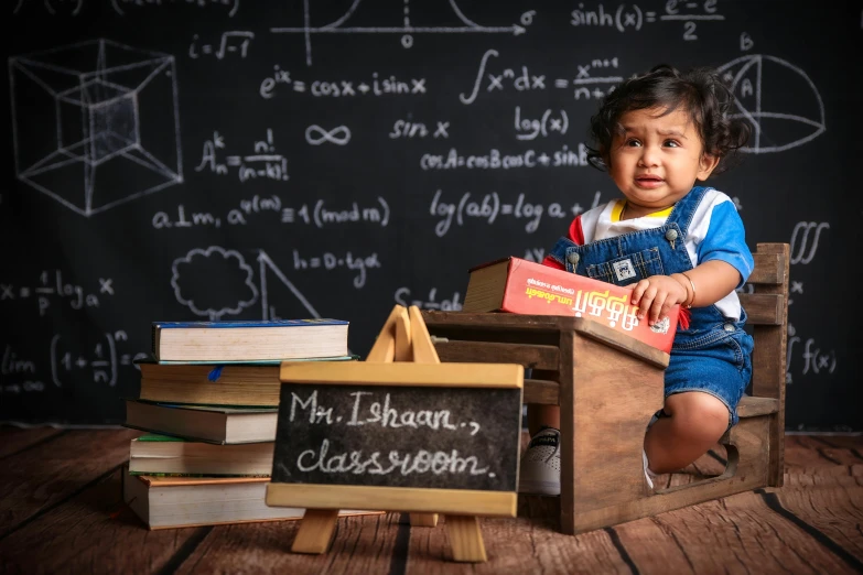 a little baby sitting on top of a box in front of a chalkboard