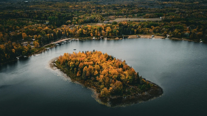 an island with trees on it surrounded by water