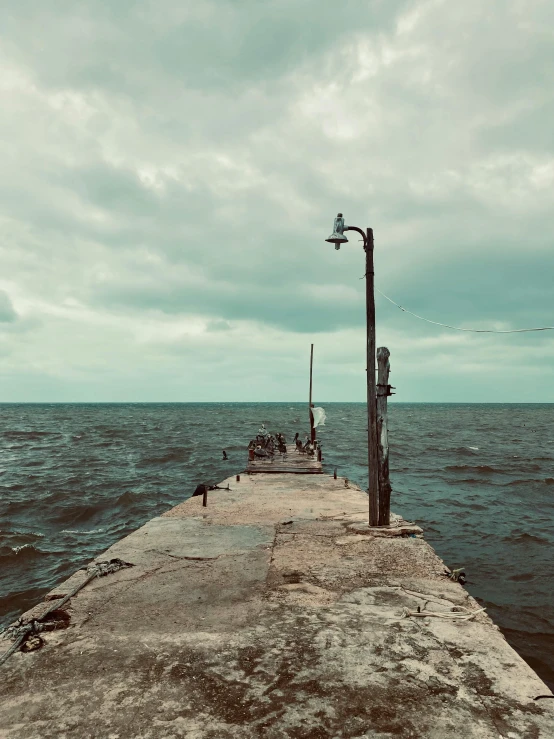 a dock on the water with a light pole and poles
