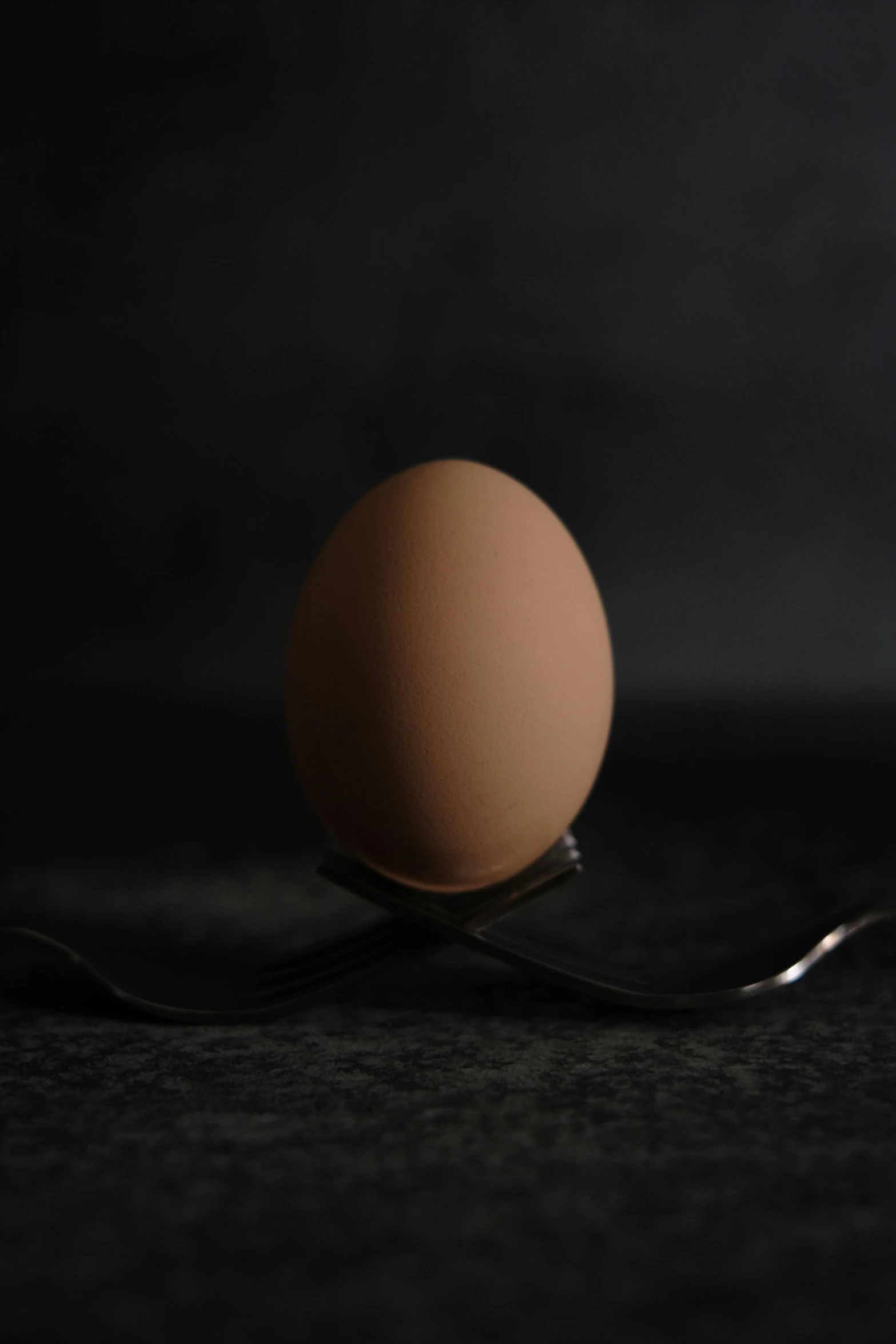 a close up view of a single egg on a fork
