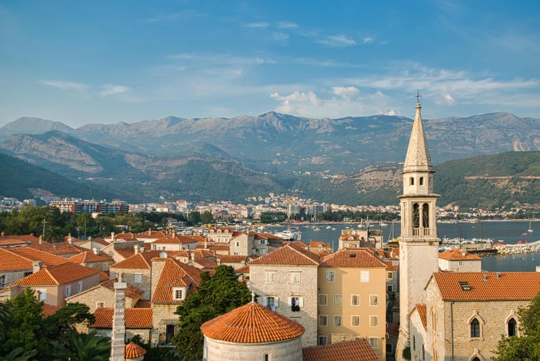 a city with a tower and red tile roofs