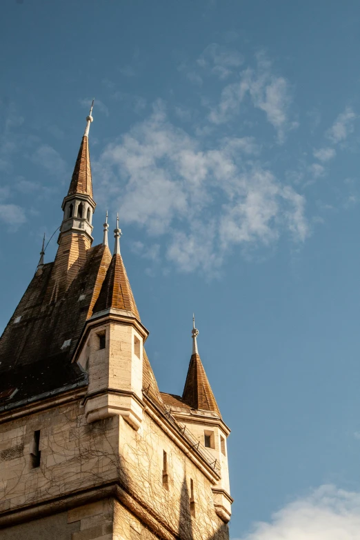 the tower has a steeple with the sky in background