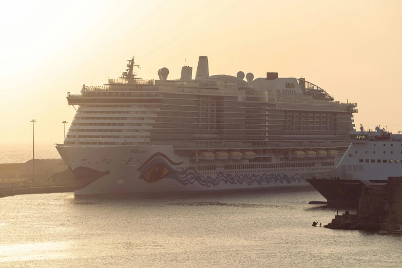 a large cruise ship in a harbor near some smaller ships