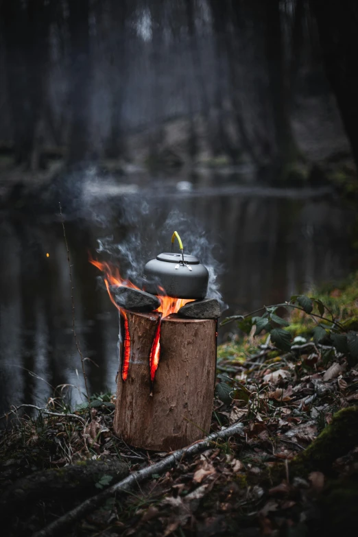 a small pot with flame in the forest