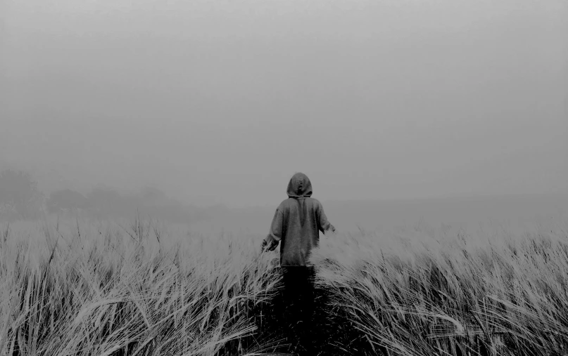 a person walking away from camera in large field