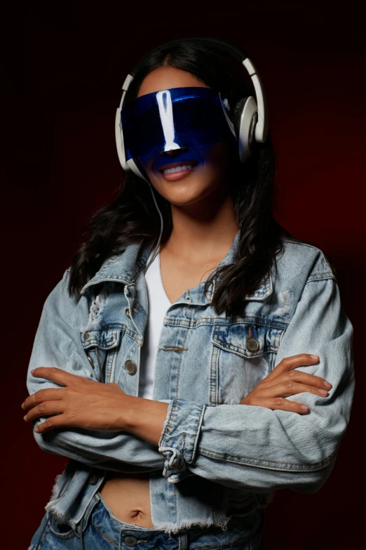 a woman with headphones and a blue mask