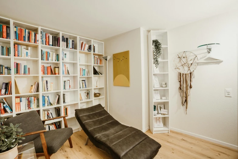 living room with book shelves and furniture and wooden flooring