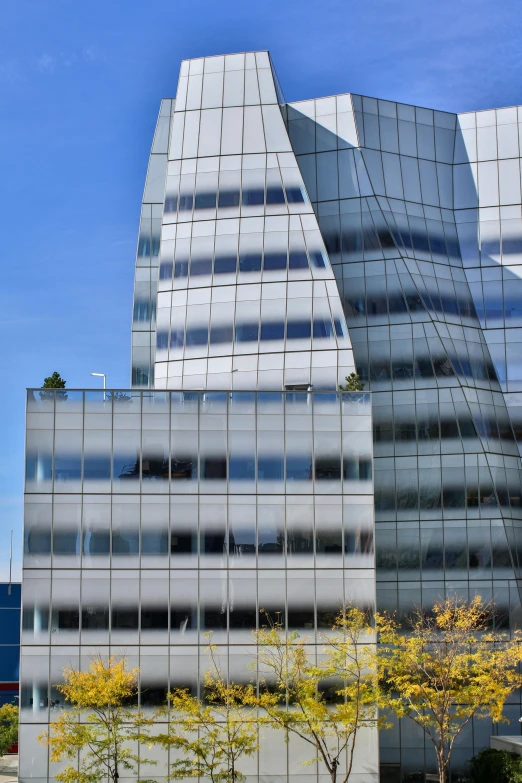 the modern building has many windows reflecting the sun