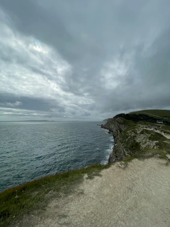 the water is calm and still green on a cloudy day