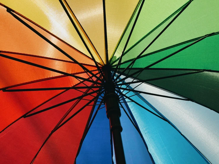 the underside of a colorful umbrella with strings