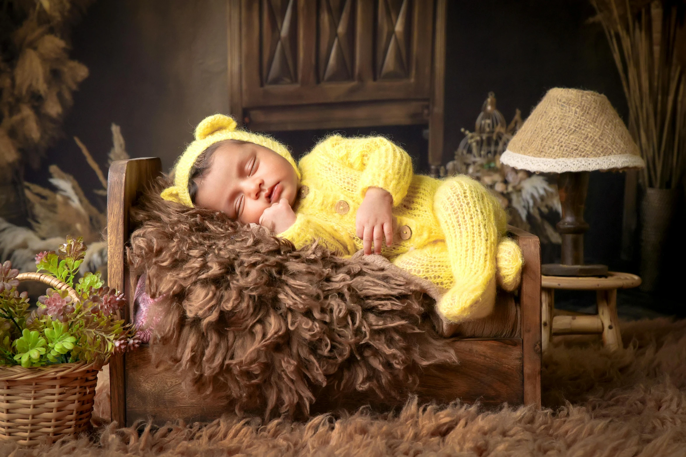 a baby in a crochet yellow outfit laying on top of an armchair