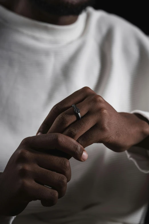 black male with a wedding ring in his hands