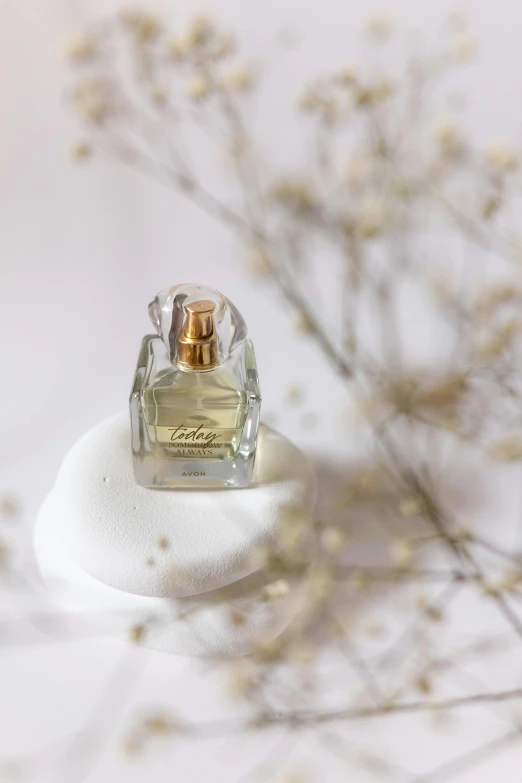 a bottle of perfume sitting on top of a vase