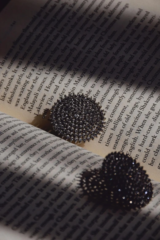 two black dots are placed in a shadow on a book