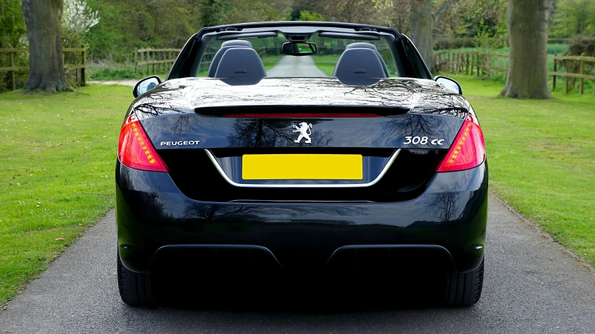 the rear of a black car sitting in front of green grass