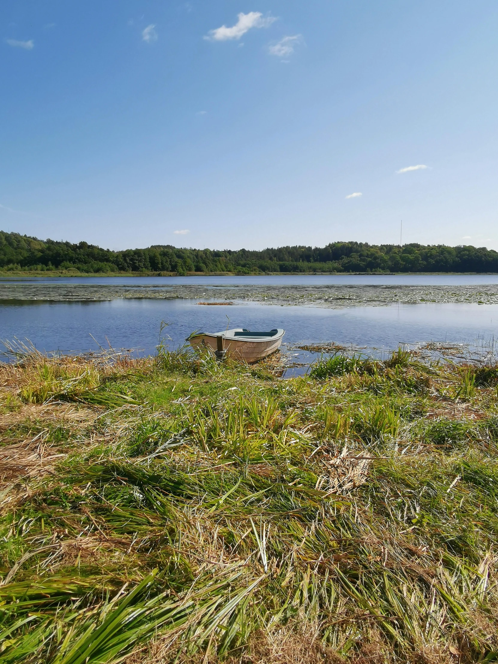 the boat is docked on the grass next to the water