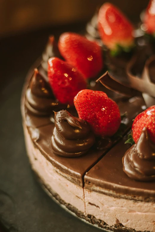 chocolate cake with fruit sliced into slices on a plate