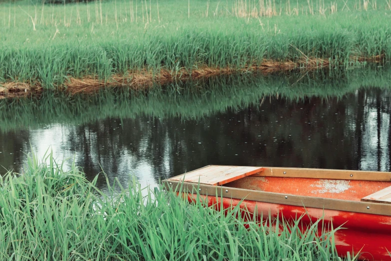 a row boat on the shore of a lake